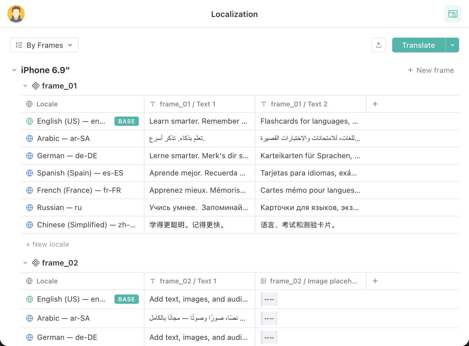 Localization table auto-translating screenshot copy across locales