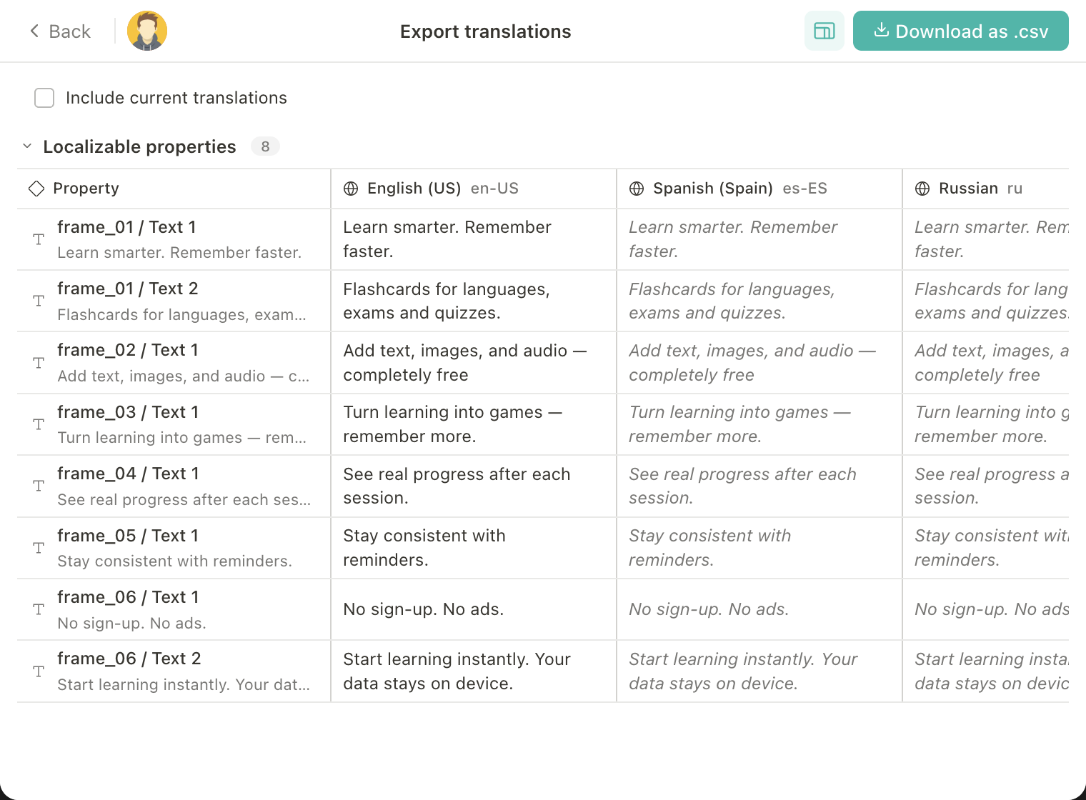 Export translations view listing every localizable property with its English, Spanish and Russian text, ready to download as .csv