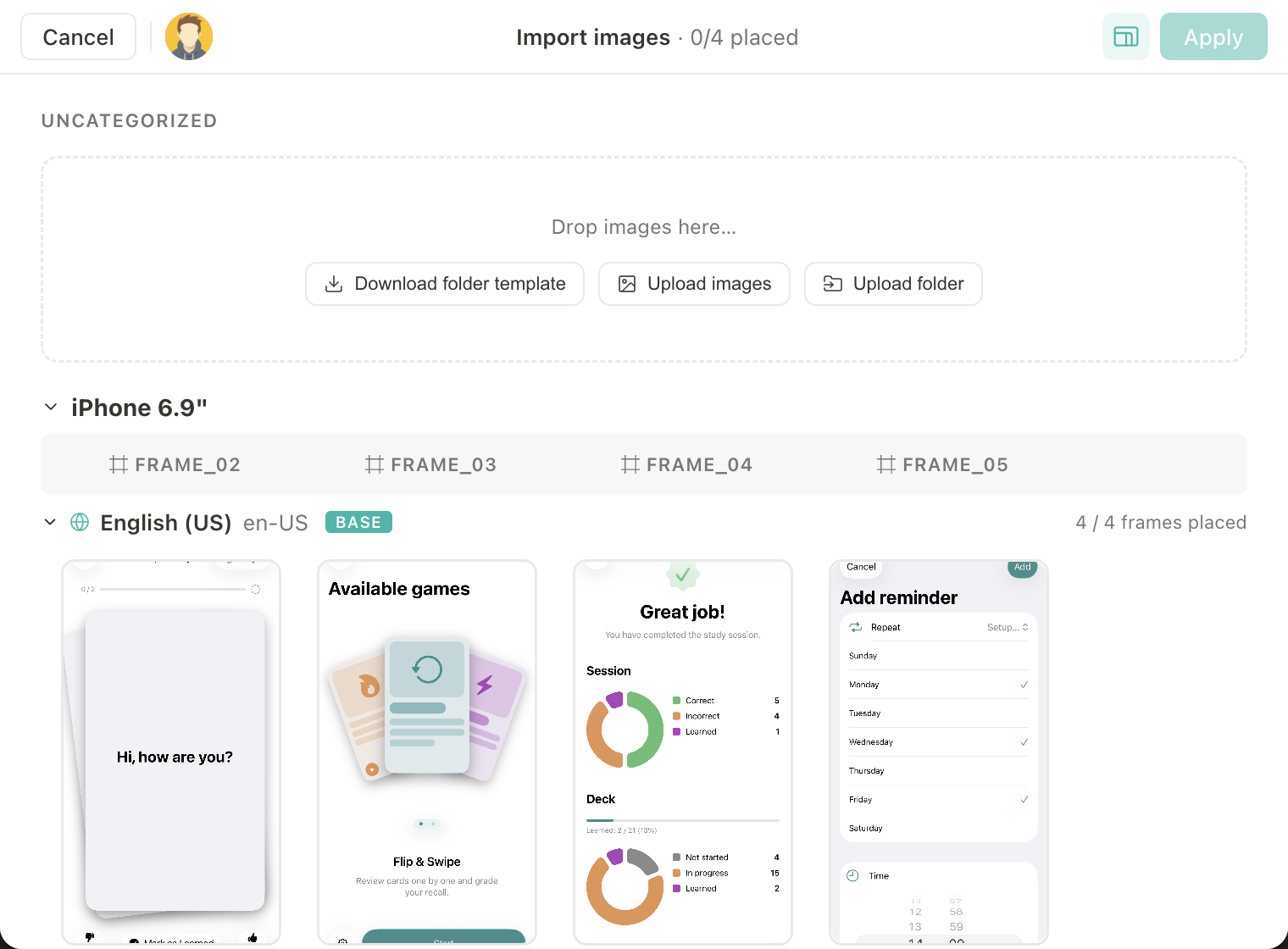 Import Manager with a drop zone offering a folder template, image upload and folder upload, and four screenshots already placed into the en-US frames