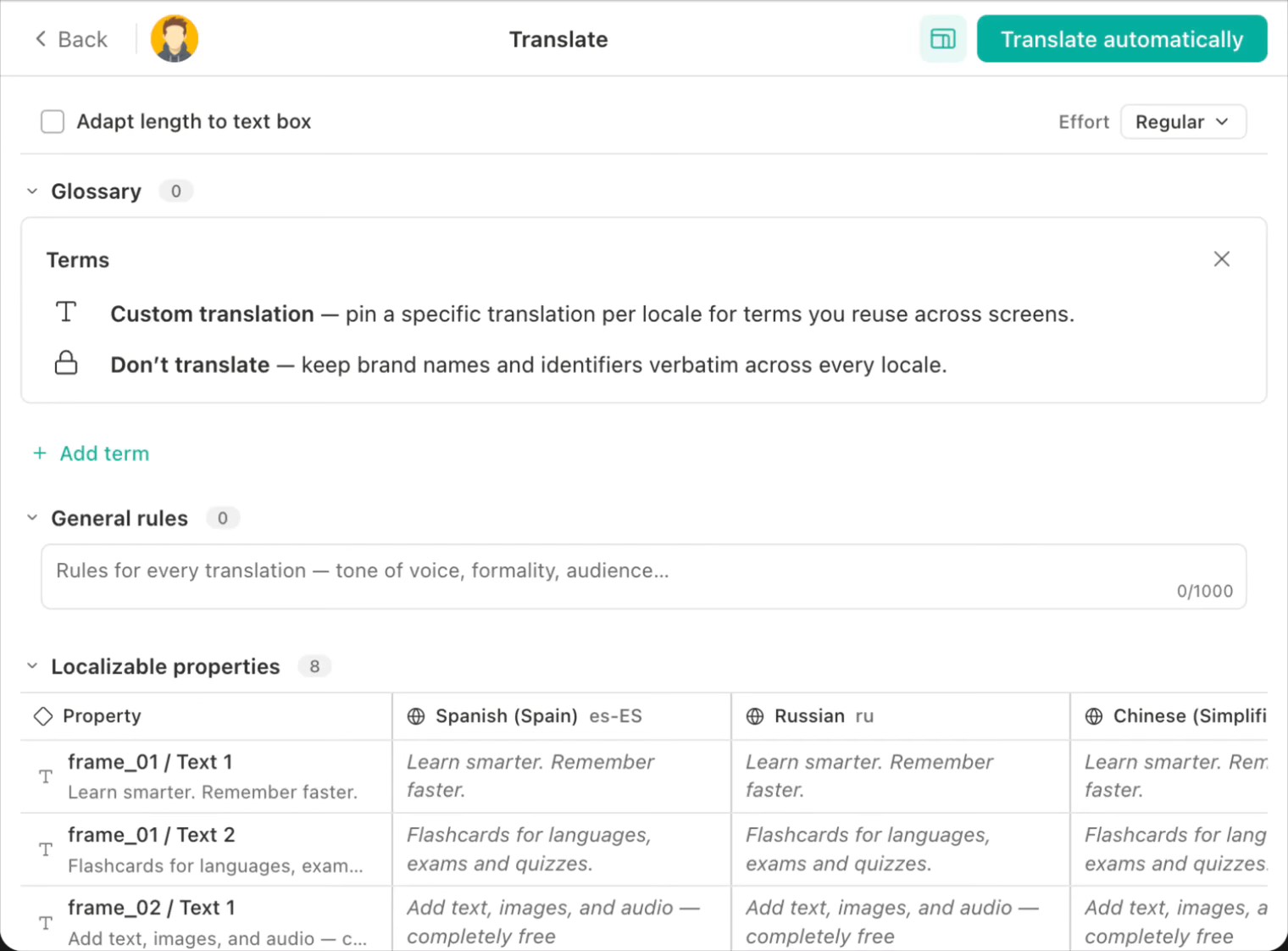 Plugin translating every localizable property into Spanish, Russian and Chinese at once, then adapting the layout to fit