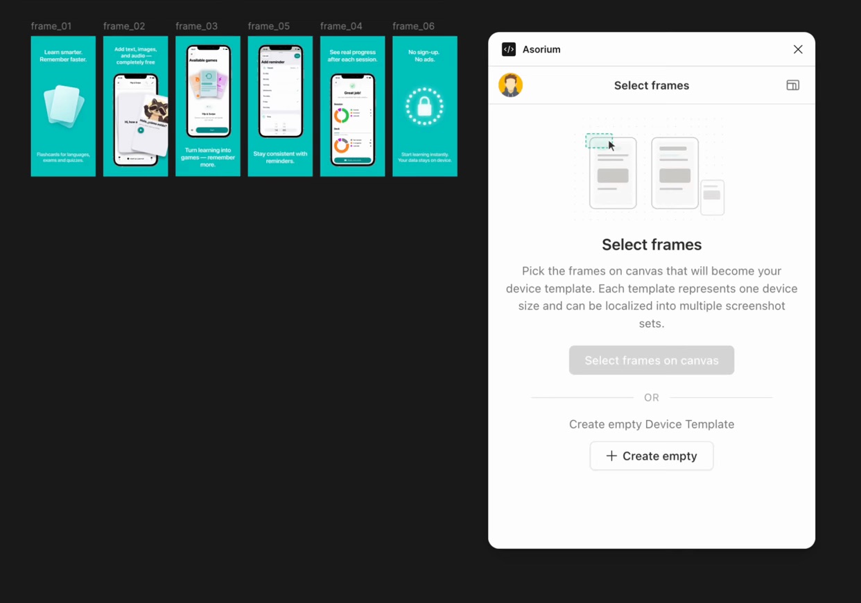 The plugin creating a device template from selected frames, adding locales, and duplicating the screenshot set for each of them
